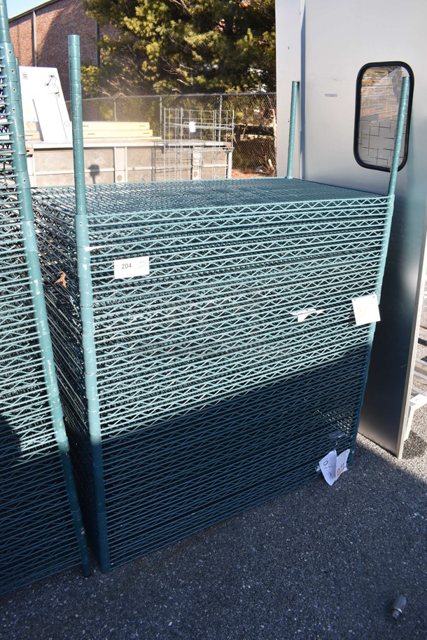 ALL ONE MONEY! Lot of 30 Green Finish Wire Shelves and 4 Poles. 48x24x1.5, 64" - Image 1 of 4