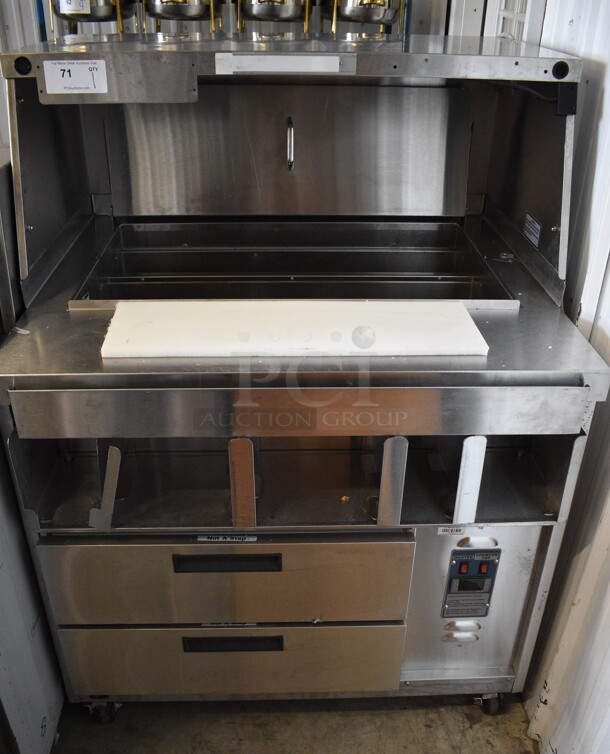 Duke Model DPC-38-120-DRW-DR-LM Stainless Steel Commercial Prep Table w/ 2 Drawers on Commercial Casters. 120 Volts, 1 Phase. 38x34x50.5. Tested and Working!
