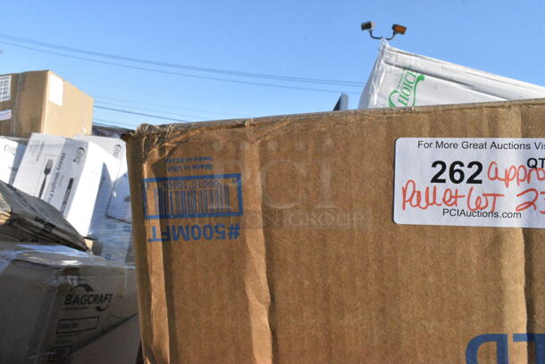 23 BRAND NEW Boxes Including 500MFT Lavex White M-Fold (Multifold) Towel - 4000/Case, 127PL400 Choice PET Plastic Lid for 3.25 to 5.5 oz. Souffle Cup / Portion Cup - 2500/Case, 760FF16 Choice 16 oz. French Fry Cup - 1000/Case, 128HD8COMBO Choice Heavy Duty 8 oz. Microwavable Translucent Plastic Deli Container and Lid Combo Pack - 240/Case, 130BKKNIFEH Choice Black Heavy Weight Plastic Knife - 1000/Case, 433CARRIER4 Choice Pulp Fiber 4 Cup Carrier - 300/Case, 128HD8COMBO Choice Heavy Duty 8 oz. Microwavable Translucent Plastic Deli Container and Lid Combo Pack - 240/Case, 2451282WBPBL Baker's Lane 12" x 8" x 2 1/4" Pink Auto-Popup Window Donut / Bakery Box - 200/Bundle, 5002TPJ Morcon Morsoft 2-Ply 625' Jumbo Toilet Paper Roll with 8 1/2" Diameter - 12/Case, 130IC8PCLW1M Choice 8 lb. Clear Wicketed Ice Bag with Ice Print - 1000/Case. 23 Times Your Bid!  - Image 2 of 12