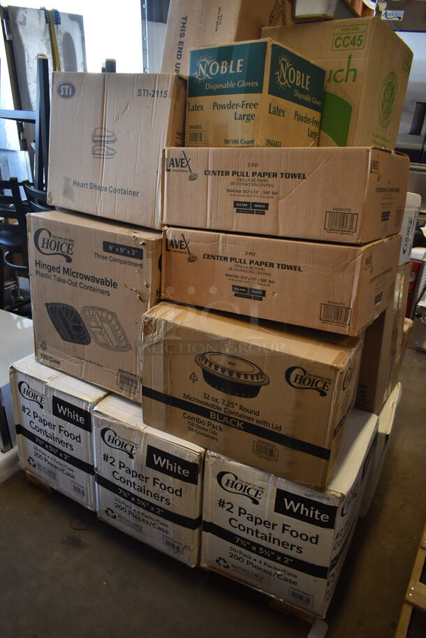 PALLET LOT of 25 BRAND NEW! Boxes Including CC45 EcoTouch 4.5 oz Cone Water Cups, 2 Box 5002CPTE Lavex 2-Ply White Center Pull Economy Paper Towel 510' Roll - 6/Case, 3 Box 500CFT Lavex White C-Fold Standard Weight Towel - 2400/Case, 129MCR24B ChoiceHD 8 oz. Microwavable Translucent Plastic Deli Container - 480/Case, 2 Box 129MCR32B Choice 32 oz. Black Round Microwavable Heavy Weight Container with Lid 7 1/4" - 150/Case, 3 Box 795PTOWHT2  Choice 7 3/4" x 5 1/2" x 2" White Microwavable Folded Paper #2 Take-Out Container - 200/Case, STI-2115 Heart Shape Container. 25 Times Your Bid! - Image 6 of 9