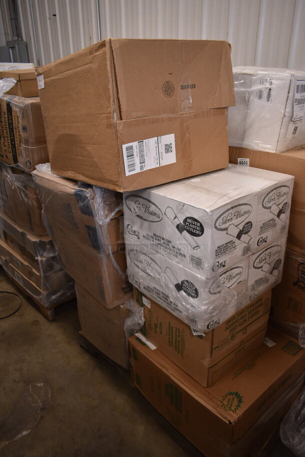 PALLET LOT of 19 BRAND NEW Boxes Including 760FF16 Choice 16 oz. French Fry Cup - 1000/Case, Lavex 502386016CL Lavex 55-60 Gallon 16 Micron 38