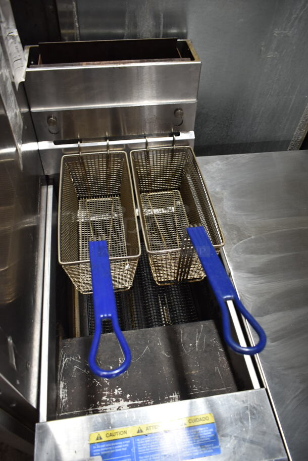 2018 Pitco Frialator SG14 Stainless Steel Commercial Floor Style Natural Gas Powered Deep Fat Fryer w/ 2 Metal Fry Baskets. 110,000 BTU.  - Image 2 of 5