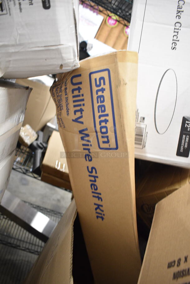PALLET LOT of 20 BRAND NEW Boxes Including 433LSLCPIE Choice 5" Clear Hinged Slice Container with Low Dome Lid, Noble X Large Gloves, Dart C57PST1 ClearSeal Hinged Lid Plastic Container 6" x 5 13/16" x 3" - 500/Case, 6x6 Sandwich Trays, 127DM32COMBO Choice 32 oz. Ultra Clear Recycled PET Plastic Round Deli Container and Lid Combo - 250/Case, Steelton Utility Wire Shelf Kit, 245CCGR12BL Baker's Lane 12" White Corrugated Grease-Resistant Cake Circle - 100/Case. 20 Times Your Bid!  - Image 11 of 12