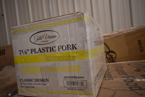 PALLET LOT of 24 BRAND NEW Boxes Including Vava01S1 9.0 Black Paris, 130GDFRK400C Visions 7 1/4" Classic Heavy Weight Gold Plastic Fork - 400/Case, 2 Box 795PTOKFT8 Choice Kraft Microwavable Folded Paper #8 Take-Out Container 6" x 4 5/8" x 2 1/2" - 300/Case, 2 Box 122MCS28B CHoice 28 oz Containers, 245CB12PLN Choice 12" x 12" x 2" Kraft Customizable Corrugated Plain Pizza Box - 50/Case, 500LFLAT Choice Clear Flat Lid with Straw Slot - 9, 12, 16, 20, and 24 oz. - 1000/Case, 2 Box 612605070HD Choice Full Size Heavy-Duty Foil Steam Table Pan Deep 3 3/8" Depth - 50/Case, 2 Box 500CC32P Choice Clear PET Plastic Cold Cup - 32 oz. - 500/Case, 2 Box 5002TPJPR1K Lavex Premium 2-Ply Jumbo 1000' Toilet Paper Roll with 9" Diameter - 12/Case, 3 Box 433472 Tellus Plates. 24 Times Your Bid!  - Image 3 of 12