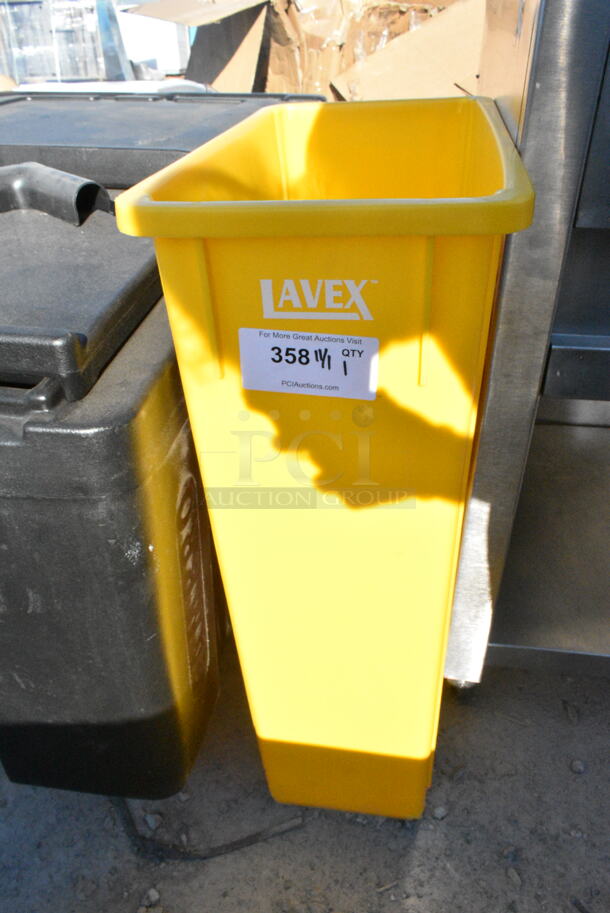 BRAND NEW SCRATCH AND DENT! Lavex Yellow Poly Slim Jim Trash Can. - Image 1 of 3