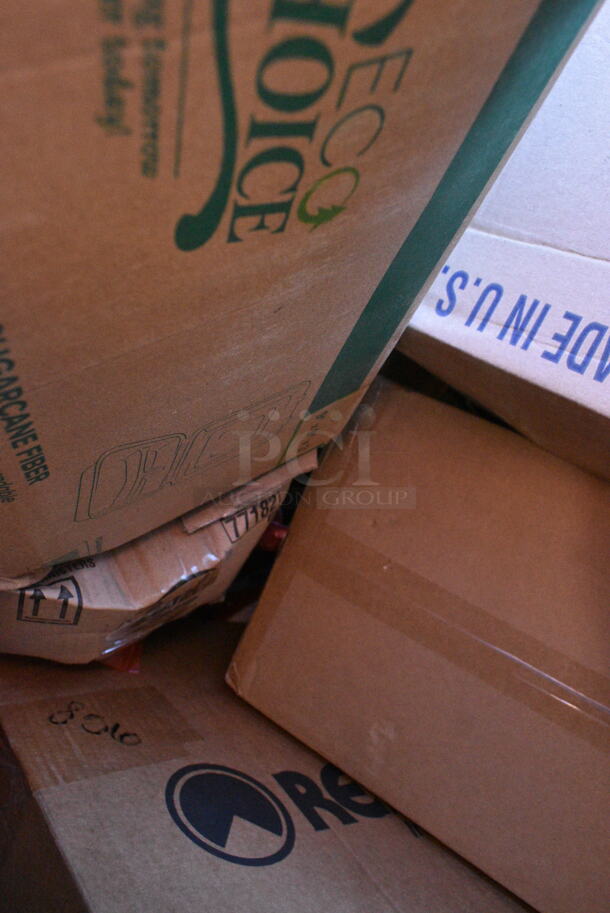 20 BRAND NEW Boxes Including 395TO9121 EcoChoice 9" x 12" x 3" Bagasse 1 Compartment Take-Out Container - 150/Case, 395TO993 EcoChoice 9" x 9" x 3" Compostable Sugarcane / Bagasse 3 Compartment Takeout Container - 200/Case. 20 Times Your Bid!  - Image 12 of 12