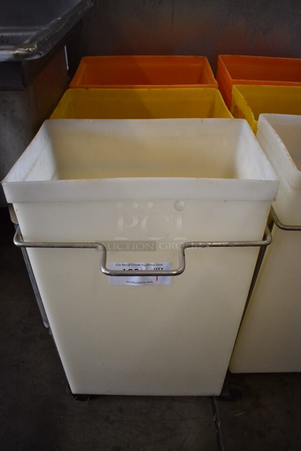 Three Poly Ingredient Bins; White, Yellow and Orange in Metal Frame on Commercial Casters. No Lids. 15x32x28