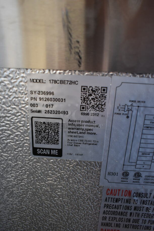 BRAND NEW SCRATCH AND DENT! 2023 Avantco 178CBE72HC Stainless Steel Commercial 4 Drawer Chef Base on Commercial Casters. 115 Volts, 1 Phase. Tested and Working! - Image 9 of 9