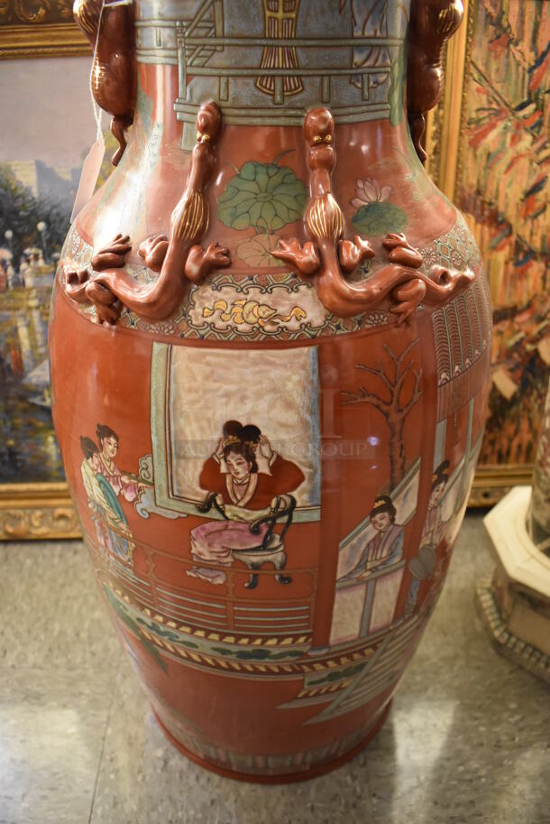 Ornate Asian Style Vase w/ Dragon Motif and Lion Handles. - Image 6 of 8