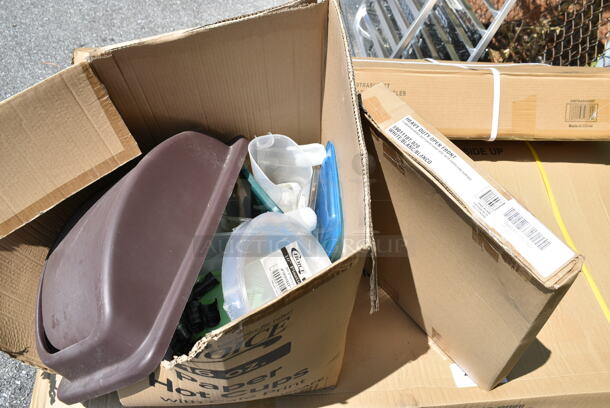 ALL ONE MONEY! Lot of BRAND NEW SCRATCH AND DENT! Items Including 76A5901110T020 American Standard 5901110T.020 Elongated Commercial Heavy-Duty Toilet Seat with EverClean and Stainless Steel Check Hinges, 999RP10CL Choice Crystal 10" Clear Plastic Plate - 20/Pack, Poly Bins. - Image 1 of 10