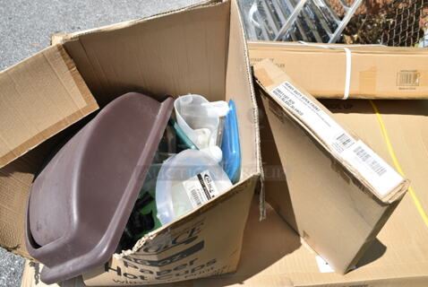 ALL ONE MONEY! Lot of BRAND NEW SCRATCH AND DENT! Items Including 76A5901110T020 American Standard 5901110T.020 Elongated Commercial Heavy-Duty Toilet Seat with EverClean and Stainless Steel Check Hinges, 999RP10CL Choice Crystal 10" Clear Plastic Plate - 20/Pack, Poly Bins.