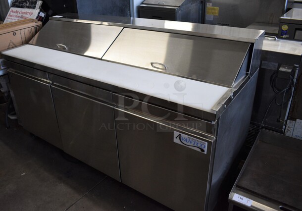 2019 Avantco Model 447APST72 Stainless Steel Commercial Sandwich Salad Prep Table Bain Marie Mega Top on Commercial Casters. 115 Volts, 1 Phase. Unit Was Only Used a Few Times as a Demonstration at Trade Shows. 72x30x44. Tested and Working!