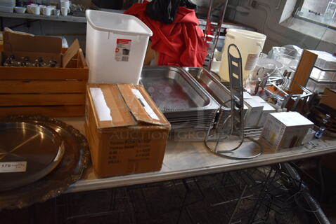 ALL ONE MONEY! Lot of Items on Tabletop Including Metal Bins, Metal Trays, White Poly Trash Can, Tealight Candles, Skillets, Glass Bottles and Glasses