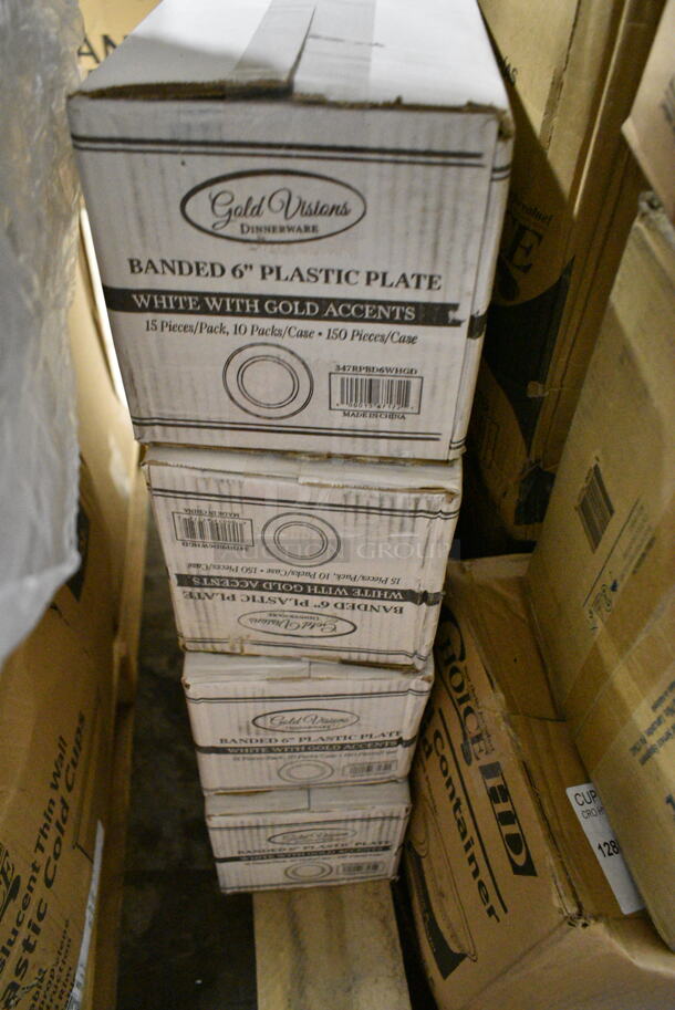 PALLET LOT of 30 BRAND NEW Boxes Including 4 Box 347RPBD6WHGD Visions 6" White Plastic Plate with Gold Bands - 150/Case, 2 Box 129MCR24B Choice 24 oz. Black Round Microwavable Heavy Weight Container with Lid 7 1/4" - 150/Case, Carnival King 32 oz Popcorn Cups, 130HFWH1M Visions White Heavy Weight Plastic Fork - Case of 1000, 129MCR24B Choice 24 oz. Black Round Microwavable Heavy Weight Container with Lid 7 1/4" - 150/Case, 394EN503L Noble Products Powder-Free Disposable Blue Exam Grade Nitrile 4 Mil Thick Textured Gloves - Large - 1000/Case, 394385L Noble Products White Powder-Free Disposable Latex Gloves for Foodservice - Large - 1000/Case, Choice 8 oz Deli Container, 3 Box 34385L Noble Large Gloves, 24 oz Clear Hinged Deli Container, 128HD8COMBO ChoiceHD 8 oz. Microwavable Translucent Plastic Deli Container and Lid Combo Pack - 240/Case, 129MCR24B Choice 24 oz. Black Round Microwavable Heavy Weight Container with Lid 7 1/4" - 150/Case, 553SLB129 Acopa Weave 9" x 6" Oval Natural Woven Plastic Rattan Basket - 12/Case, Dixie 10" Plates. 30 Times Your Bid! - Image 2 of 12