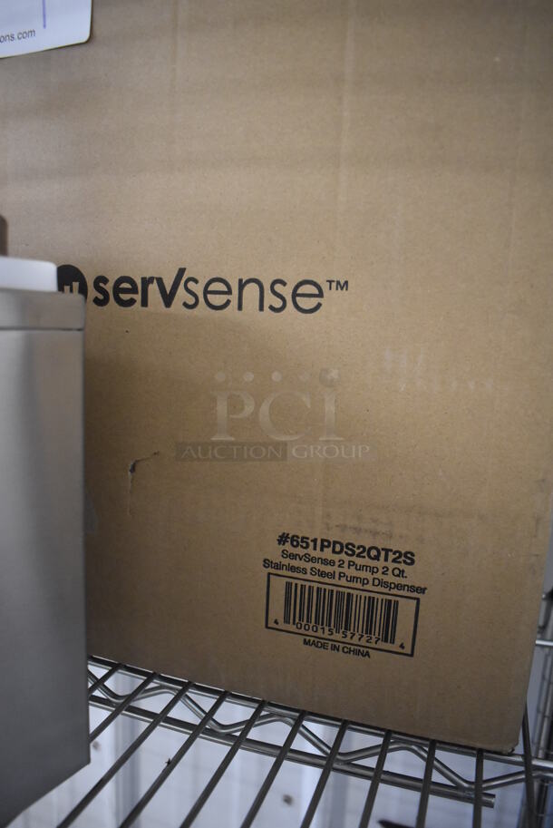 BRAND NEW IN BOX! ServSense Stainless Steel Double 2 Qt. Condiment Dispenser w/ 2 Pump Tops. 10x12x13 - Image 7 of 7