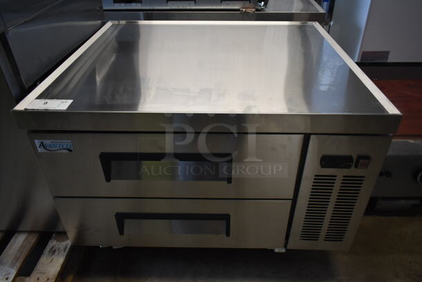 BRAND NEW SCRATCH AND DENT! 2023 Avantco 178CBE36HC Stainless Steel Commercial 2 Drawer Refrigerated Chef Base on Commercial Casters. 115 Volts, 1 Phase. Tested and Working! - Image 2 of 8
