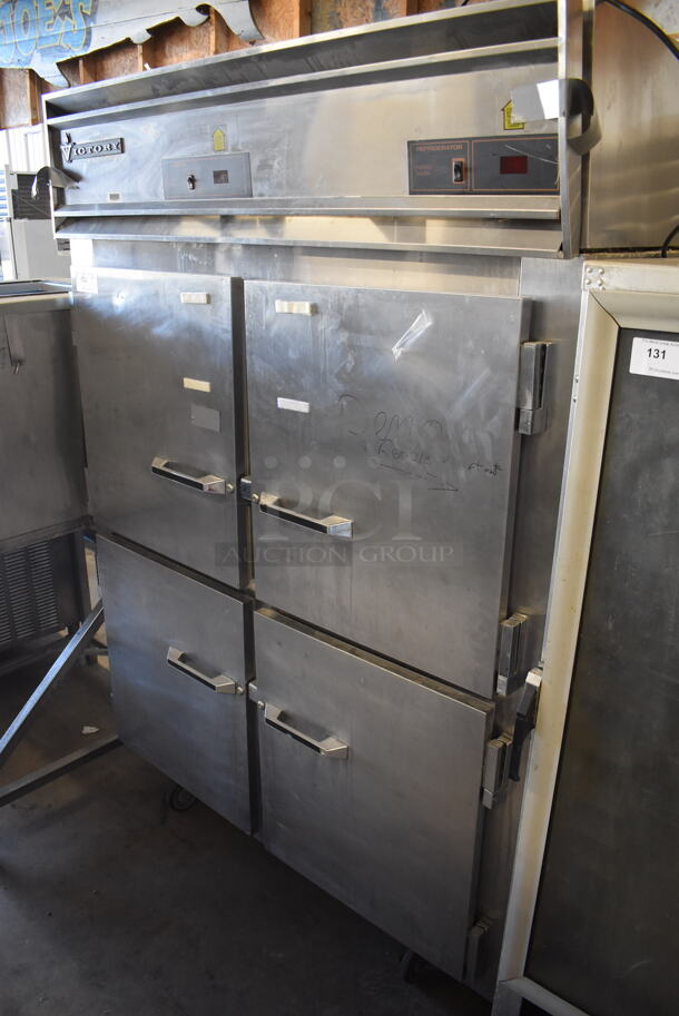 Victory Stainless Steel Commercial 4 Half Size Door Reach In Cooler Freezer Combo Unit on Commercial Casters. 59x35x83. Tested and Cooler Is Working But Freezer Does Not Get Cold