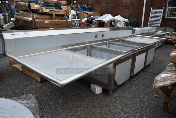 BRAND NEW SCRATCH AND DENT! Regency 600S32030230 124" 16-Gauge Stainless Steel Three Compartment Commercial Sink with 2 Drainboards - 20" x 30" x 14" Bowls. No Legs. - Image 2 of 8