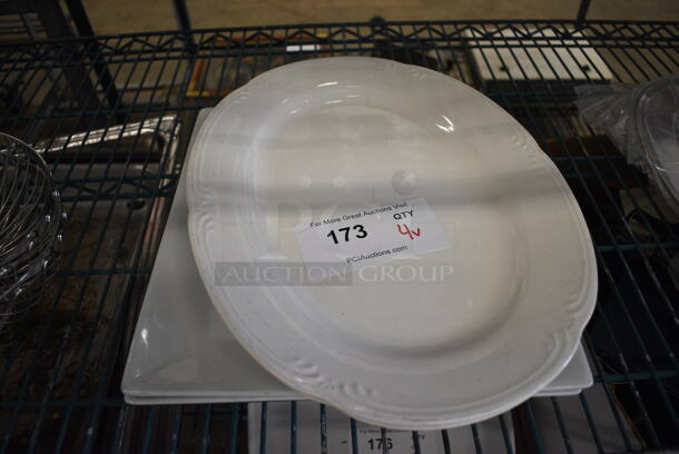 4 Various White Ceramic Plates. 12x12x1.5, 14.5x11x1. 4 Times Your Bid!