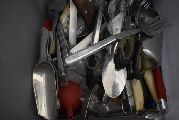 ALL ONE MONEY! Lot of Various Utensils Including Scoopers, Spatulas and Serving Forks in Gray Bin! - Image 3 of 5