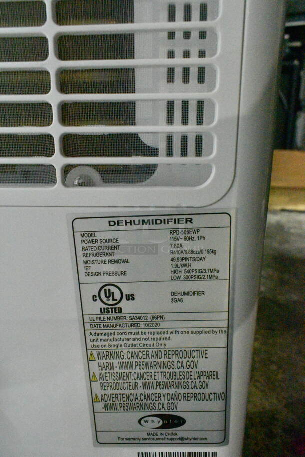 BRAND NEW SCRATCH AND DENT! Whynter Energy Star RPD-506EWP 50 Pint High Capacity Portable Dehumidifier with Pump up to 4000 sq ft. 115 Volts, 1 Phase. Tested and Working! - Image 9 of 9