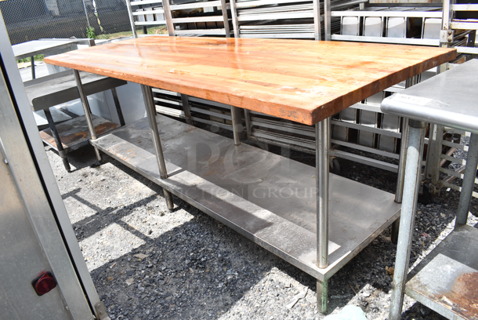 Butcher Block Table w/ Metal Under Shelf. 