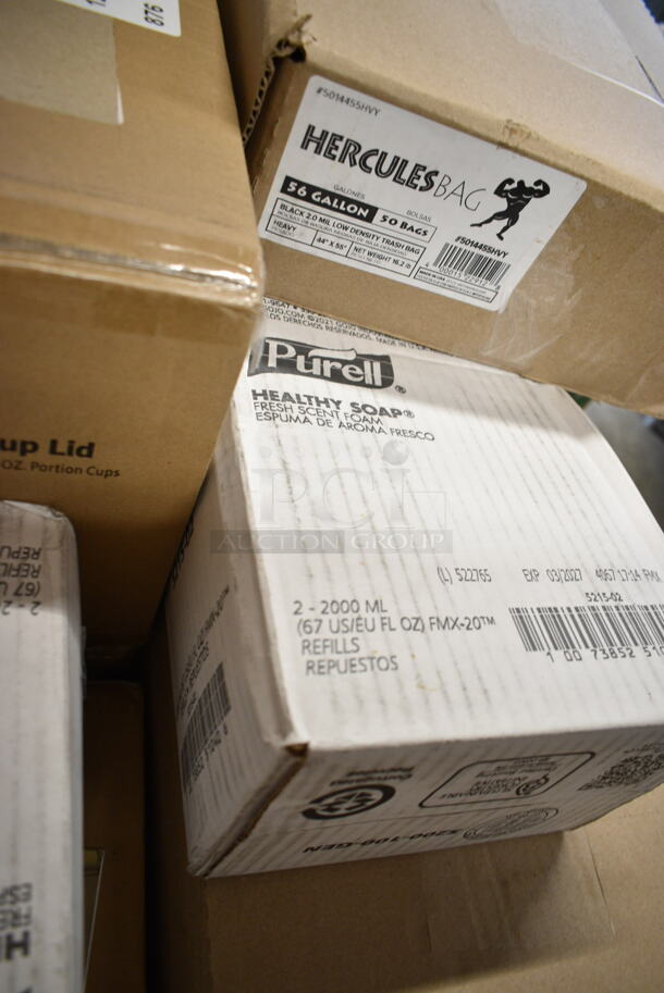 PALLET LOT of 20 BRAND NEW Boxes Including 50012W Choice 12 oz. White Poly Paper Hot Cup - 1000/Case, 394365L Noble Products Powder-Free Disposable Clear Vinyl Gloves for Foodservice - Large - 1000/Case, 795KFT44RNPE Choice 44 oz. Round Kraft PE-Lined Microwavable Take-Out Container 7 5/16" x 2 5/8" - 300/Case, 130HCUTFWR Visions Individually Wrapped White Heavy Weight Plastic Fork - 1000/Case, 2 Box 17622STPNLCL Choice 22 oz. Clear SAN Plastic Paneled Tumbler - 12/Pack, 5014455HVY Lavex Hercules 56 Gallon 2 Mil 44" x 55" Low Density Heavy-Duty BlackCan Liner / Trash Bag - 50/Case, 395TO961 EcoChoice 9" x 6" x 3" Compostable Sugarcane / Bagasse 1 Compartment Take-Out Container - 200/Case, 5012423M1 Lavex Li'l Herc 10 Gallon 1 Mil 24" x 23" Low Density Medium-Duty Black Can Liner / Trash Bag - 500/Case, Purell 5215-02 Healthy Soap. 20 Times Your Bid! - Image 12 of 12
