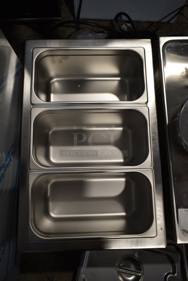 BRAND NEW SCRATCH AND DENT! 2022 Avantco 177W50CKR Stainless Steel Commercial Countertop Food Warmer w/ 3 Drop Ins, 3 Lids. 120 Volts, 1 Phase. Tested and Working! - Image 4 of 5