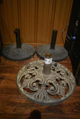 3 Various Patio Umbrella Bases. 21x21x12, 17x17x12. 3 Times Your Bid! (bar)