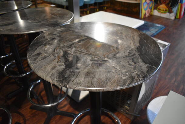 4 Stone Pattern Round Bar Height Table on Metal Table Base w/ Footrest Rail. 23.5x23.5x42. 4 Times Your Bid! (lounge) - Image 2 of 4
