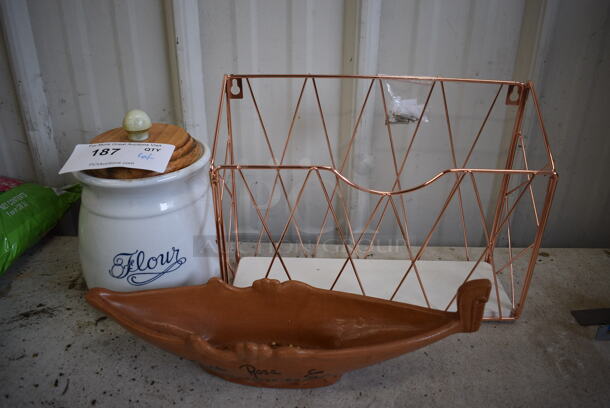 ALL ONE MONEY! Lot of 3 Various Items; Flour Jar, Copper Finish Basket and Wood Pattern Decorative Boat. Includes 13x4x9