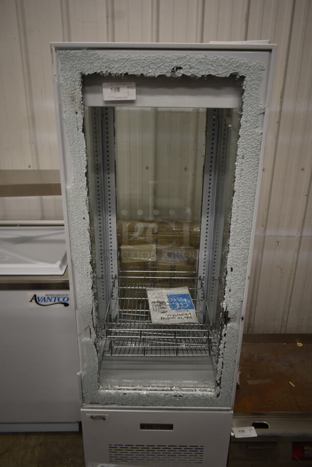 BRAND NEW SCRATCH AND DENT! Avantco 193GD4C15HCW White 4-Sided Glass Refrigerated Display Case. See Pictures For Glass Damage. 115 Volts, 1 Phase. Cannot Test Due To Missing Power Cord