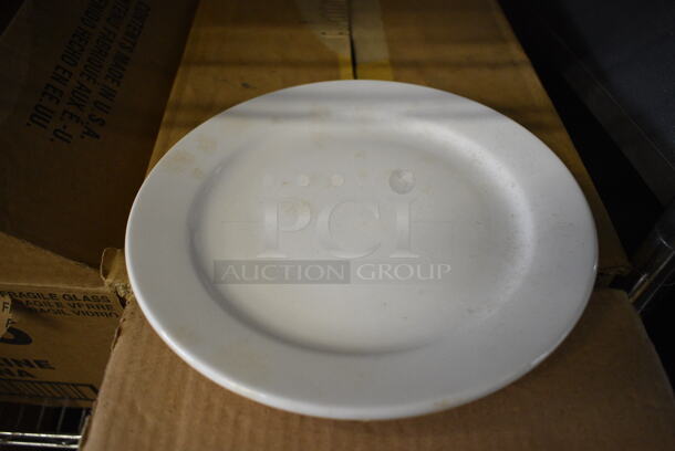 24 IN ORIGINAL BOX! White Ceramic Plates. 9x9x1. 24 Times Your Bid!