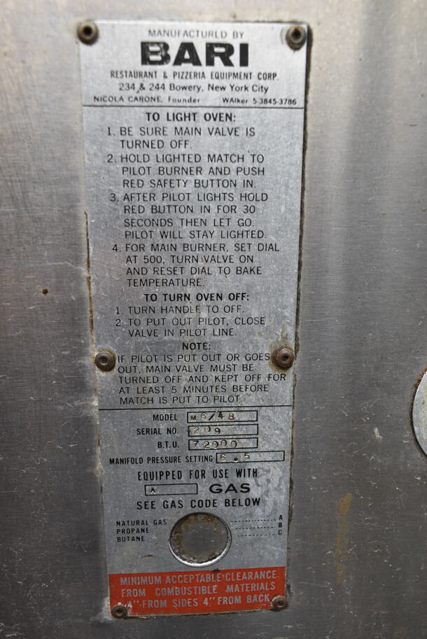 2 Bari M6/48 Stainless Steel Commercial Natural Gas Powered Single Deck Pizza Ovens w/ Cooking Stones in Top Oven. 72,000 BTU. 2 Times Your Bid! - Image 9 of 10