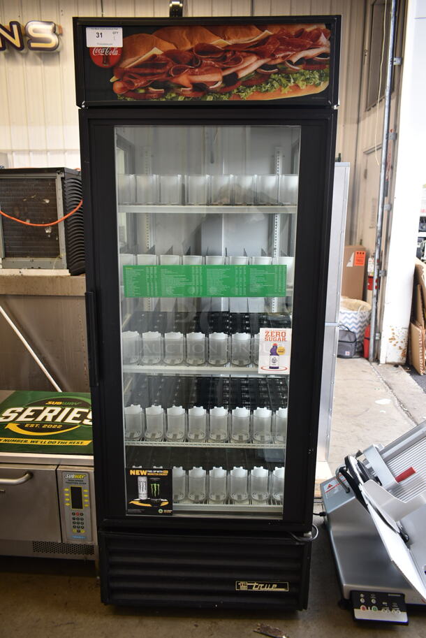 True GEM-26 Metal Commercial Single Door Reach In Cooler Merchandiser w/ Poly Coated Racks and Drink Sliders. 115 Volts, 1 Phase. Tested and Working!