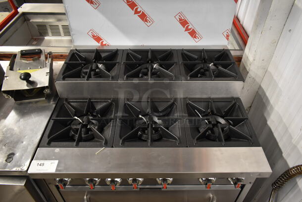 BRAND NEW SCRATCH AND DENT! Cooking Performance Group CPG 351S36SUL Stainless Steel Commercial Propane Gas Powered 2 Tier 6 Burner Range w/ Oven, Back Splash and Over Shelf. 210,000 BTU. Tested and Working! - Image 2 of 7