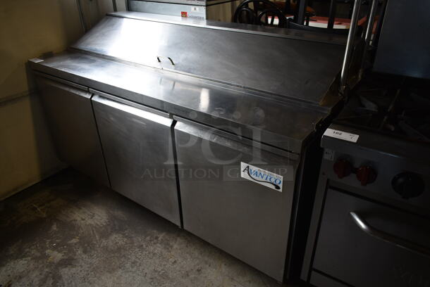 Avantco 178SSPT71HC Stainless Steel Commercial Sandwich Salad Prep Table Bain Marie Mega Top w/ Over Shelf on Commercial Casters. 115 Volts, 1 Phase. Tested and Powers On But Does Not Get Cold - Image 2 of 9