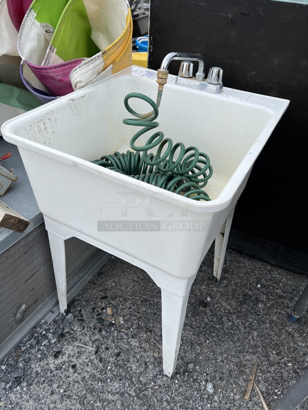 White Poly Single Bay Sink w/ Faucet, Handles, Hose. 23x25.5x36 - Image 2 of 4