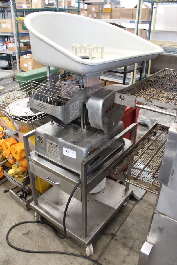 Hollymatic Super Model 54 Metal Commercial Countertop Patty Former w/ Tray on Metal Commercial Portable Cart. 115 Volts, 1 Phase. 27x32x36, 24x27x33. Tested and Working!