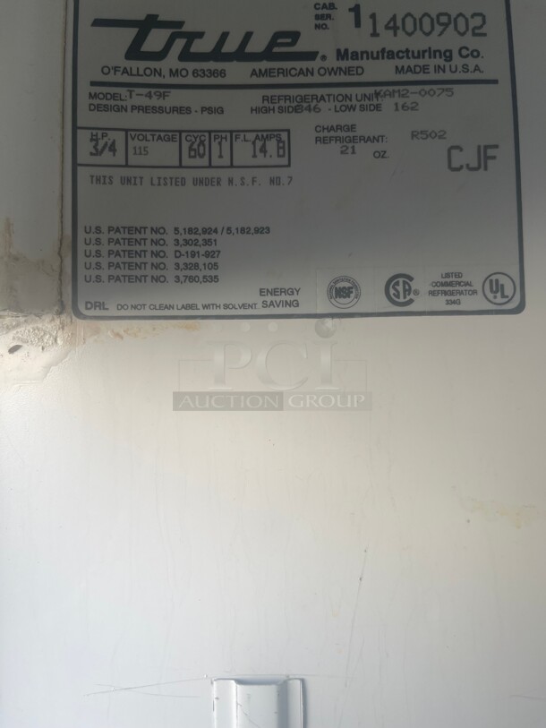 True Commmercial Two Door Freezer With Solid Door 115 Volt NSF  - Image 5 of 5