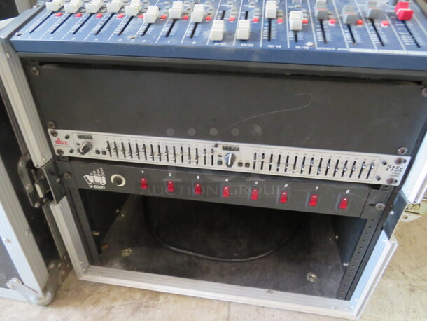 One Portable Case On Casters With  A Yamaha Mixing Console #MG166CX, And A DBX 215S Graphic Equalizer, And VFI V8000. 28X30X36 - Image 3 of 4