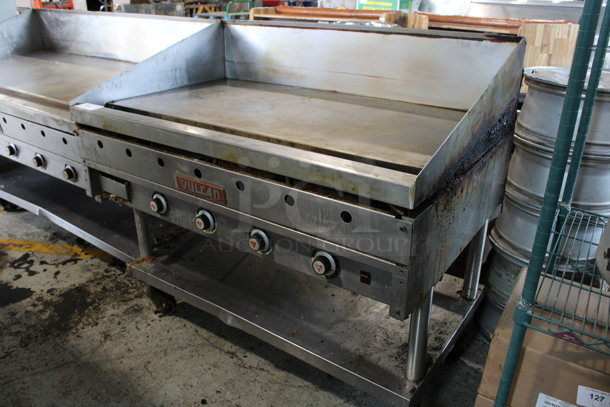 Vulcan Stainless Steel Commercial Natural Gas Powered Flat Top Griddle w/ Metal Under Shelf on Commercial Casters. 48x30x46 - Image 4 of 5