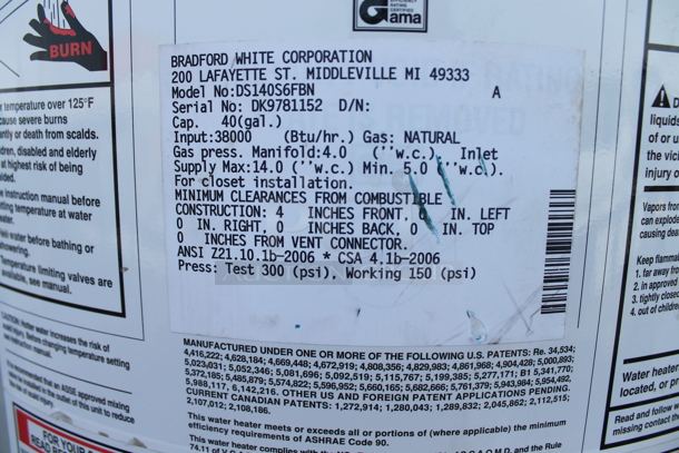 Bradley White DS140S6FBN Metal Commercial Natural Gas Powered Water Heater. - Image 5 of 6