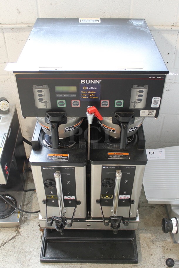 2015 Bunn DUAL SH DBC Stainless Steel Commercial Countertop Double Coffee Machine w/ Hot Water Dispenser/ 2 Coffee Server Satellites and 2 Metal Brew Baskets. 120/208-240 Volts, 1 Phase.  - Image 1 of 6