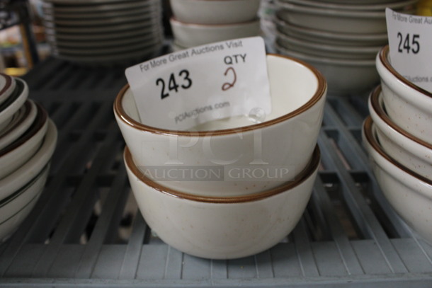 2 White Ceramic Bowls w/ Brown Rim. 4.5x4.5x2. 2 Times Your Bid!