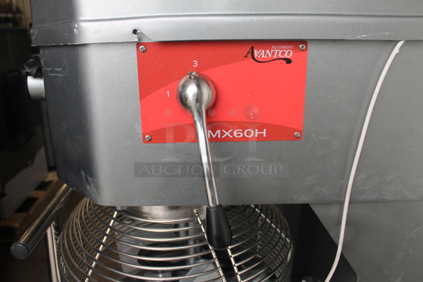 BRAND NEW SCRATCH AND DENT! Avantco 177MX60H Commercial Stainless Steel Electric 60 Quart Floor Mixer With Stainless Steel Bowl, Bowl Guard, Whisk, Paddle And Additional Pieces. 240V, 3 Phase.  - Image 2 of 10