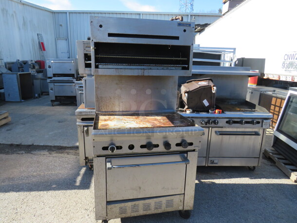 One US Range Natural Gas Flat Top Griddle Range With Salamander On Casters. 36X32X74 - Image 1 of 3