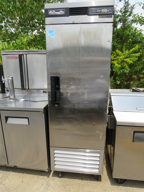 One Blue Air SS 1 Door Refrigerator With 3 Racks, On Casters. Model# BSF23. 115 Volt. 27X32X82.5 - Image 1 of 2
