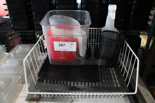 ALL ONE MONEY! Lot of Various Items Including Clear Poly 8 Quart Bin, Black Mesh Pencil Holder, Red Bin, Spray Bottle in White Wire Basket! - Image 1 of 5