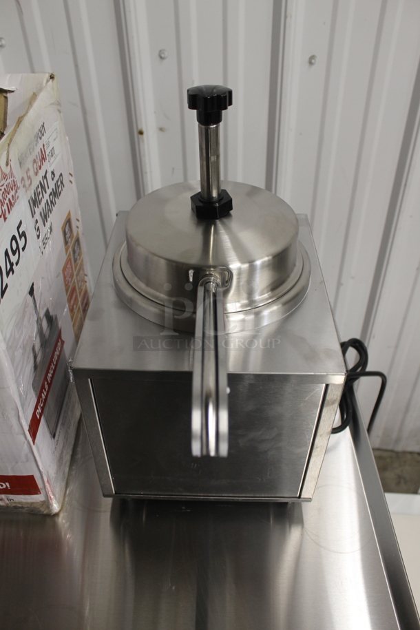 BRAND NEW SCRATCH AND DENT! Carnival King 382HSPW35 Stainless Steel Electric Countertop 3.5 Quart Condiment And Topping Warmer With Pump. 120V. Tested And Working!  - Image 2 of 9